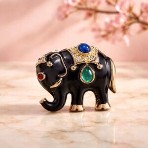 VTG Gold Tone Elephant Black Enamel w/ Red Green AB Rhinestones Brooch Pin 1 1/2